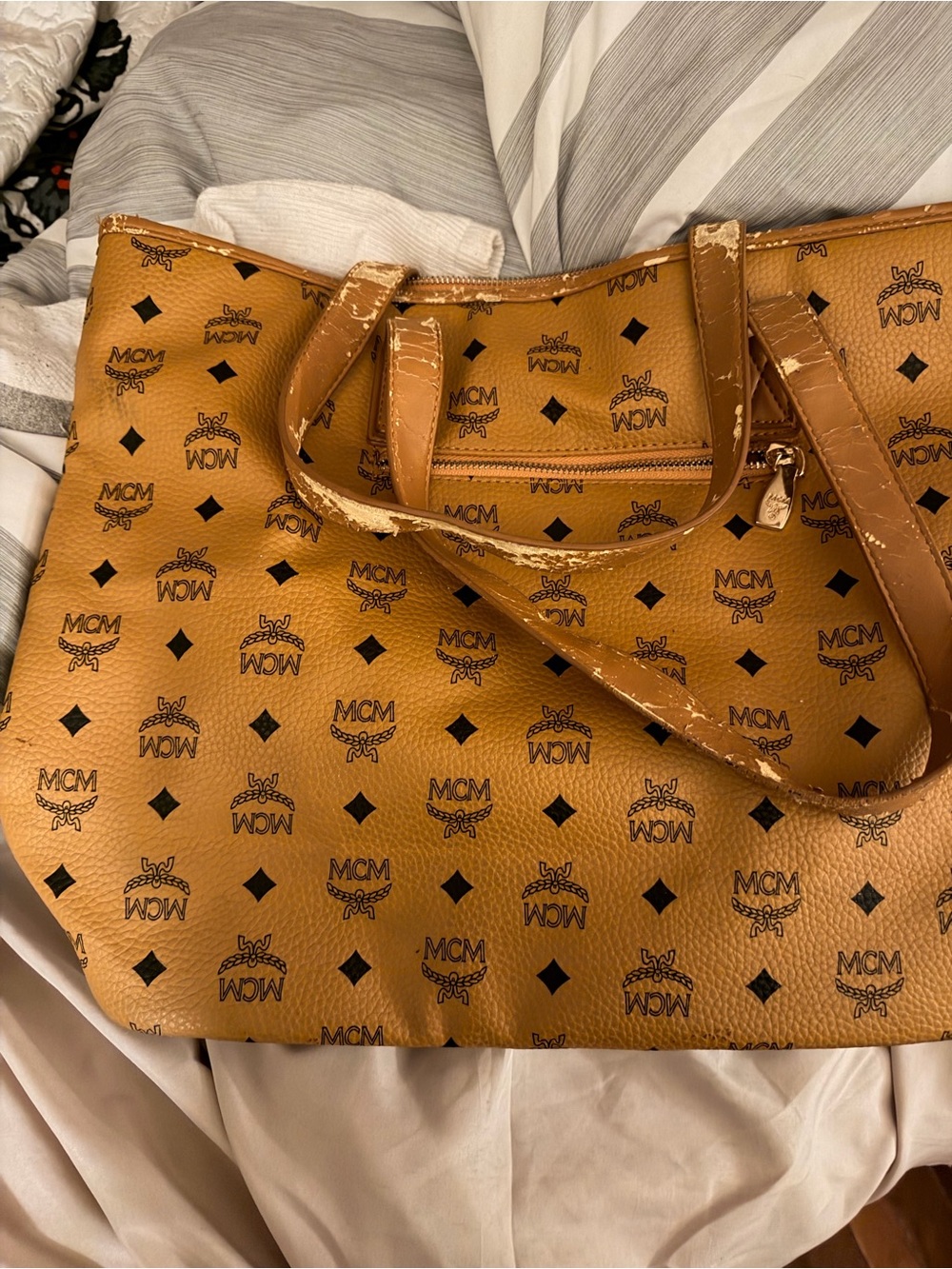 MCM Cognac Visetos Logo Canvas Tote